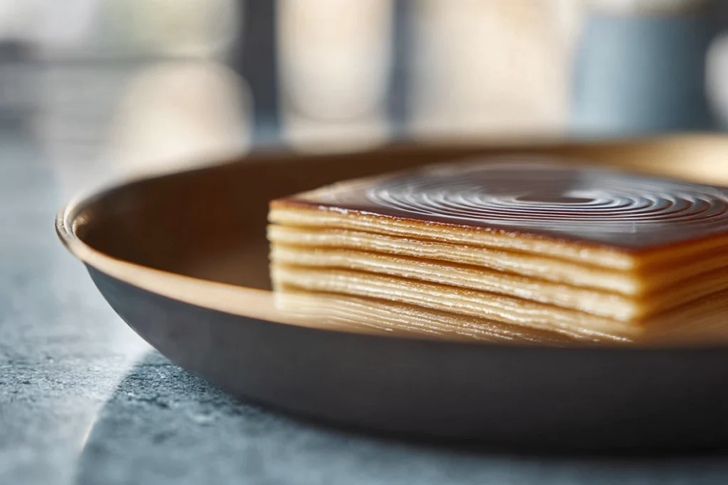 Macro shot of Baumkuchen layers forming during baking process
