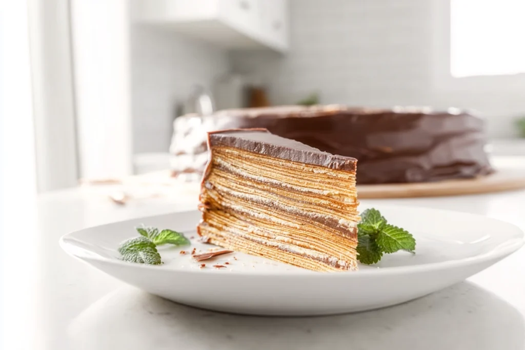 Sliced Baumkuchen showing tree-ring layers on cutting board