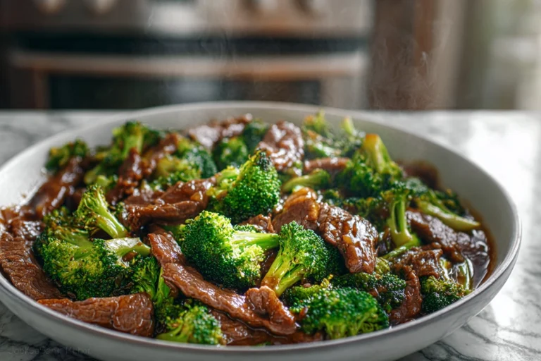 photorealistic beef and broccoli served in modern kitchen with natural light