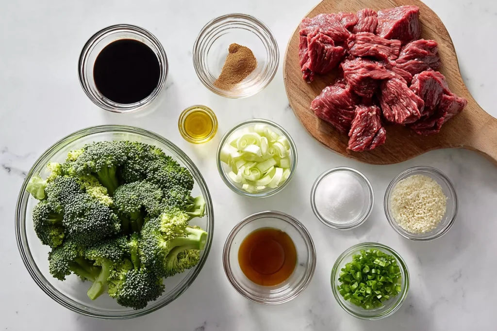 overhead view of beef and broccoli ingredients including sauces, garlic, and fresh vegetables on marble counter