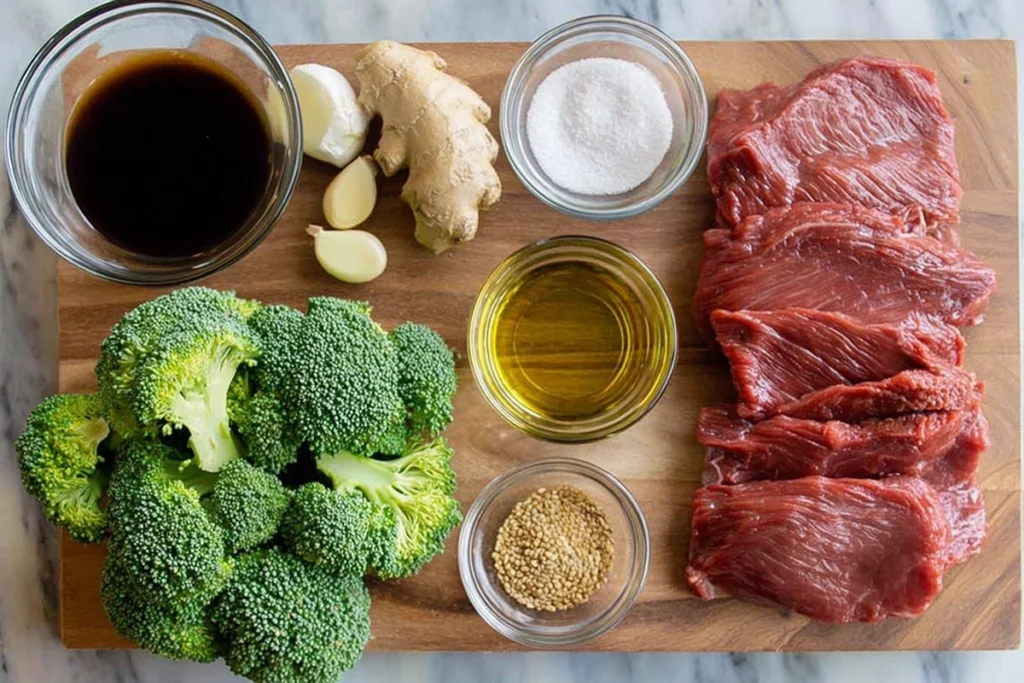overhead shot of beef and broccoli ingredients arranged neatly on wooden board and glass bowls