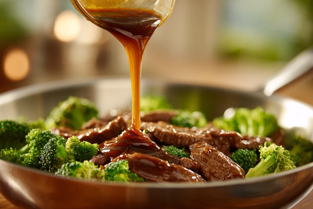 close-up of brown sauce being poured over beef and broccoli in skillet under bright natural light