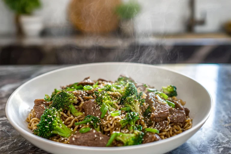 photorealistic beef and broccoli ramen stir fry in modern kitchen, glossy noodles and vibrant broccoli