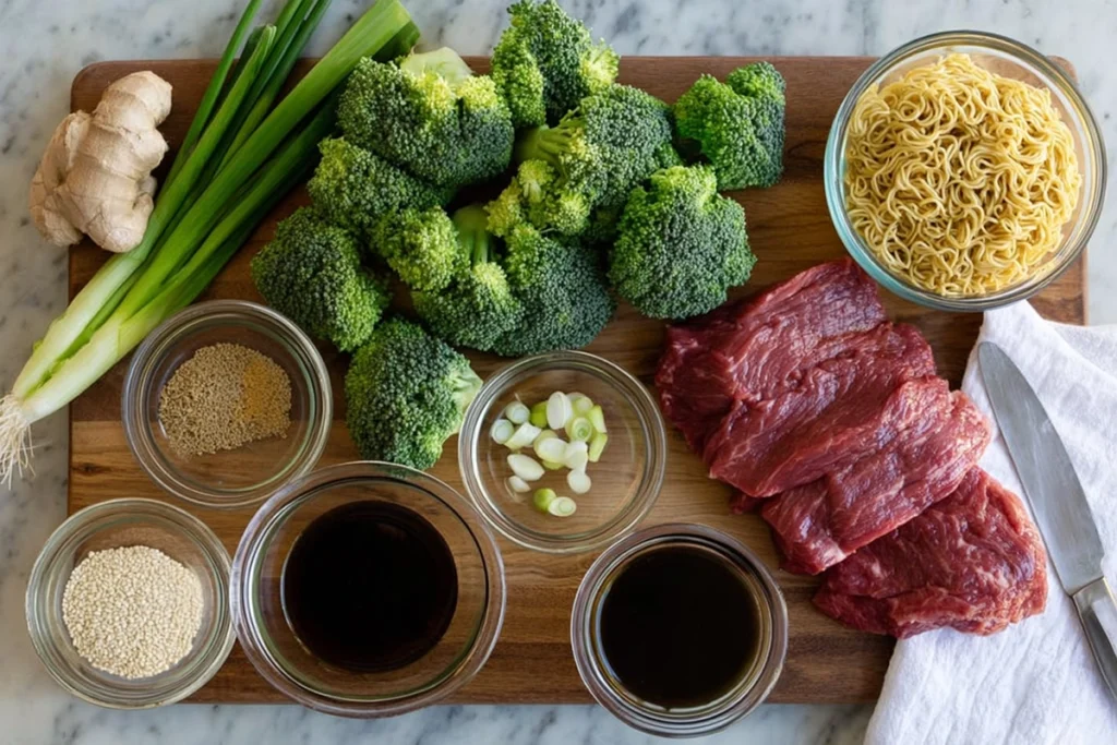 top-down view of beef and broccoli ramen stir fry ingredients arranged on wooden board in natural light