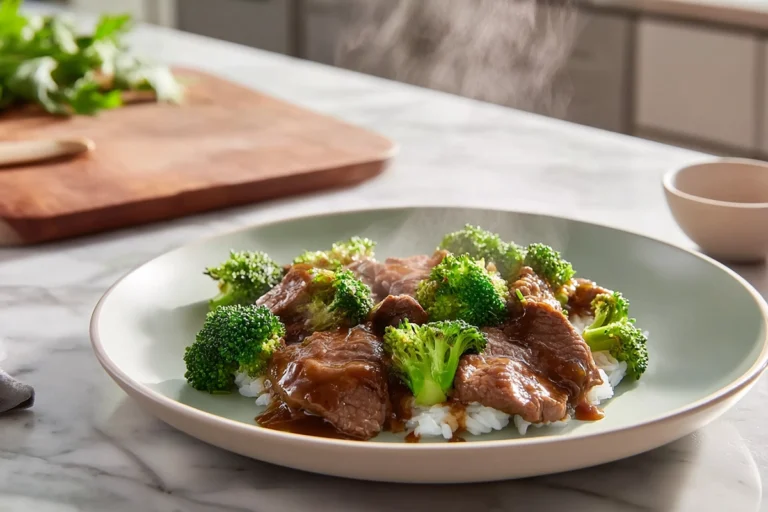 photorealistic beef and broccoli dish on a modern white plate in bright natural kitchen light