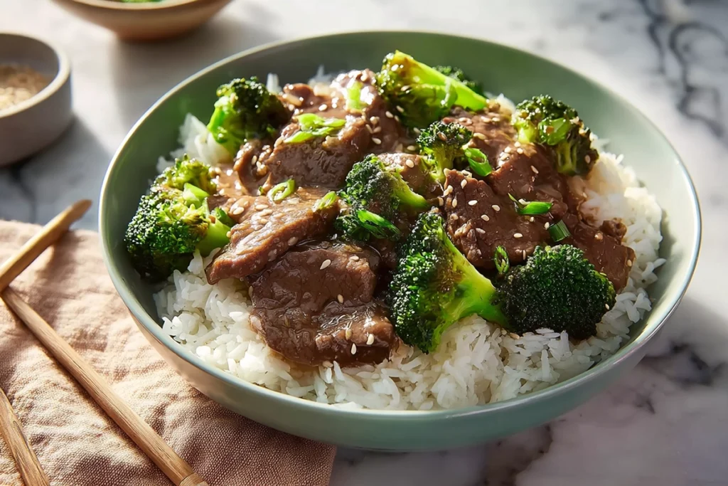 bowl of beef and broccoli served over steamed rice in bright modern kitchen lighting