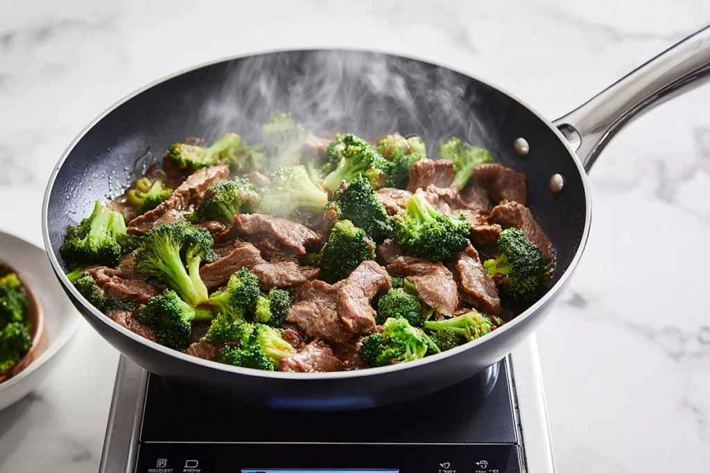 beef and broccoli sizzling in wok with glossy brown sauce in bright natural kitchen lighting