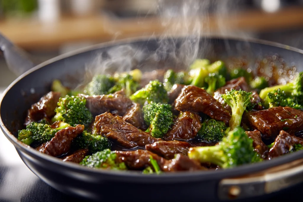beef and broccoli being tossed in pan with glossy sauce under natural light