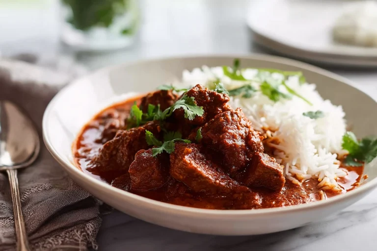 Photorealistic beef vindaloo curry in a white bowl with rice and cilantro garnish