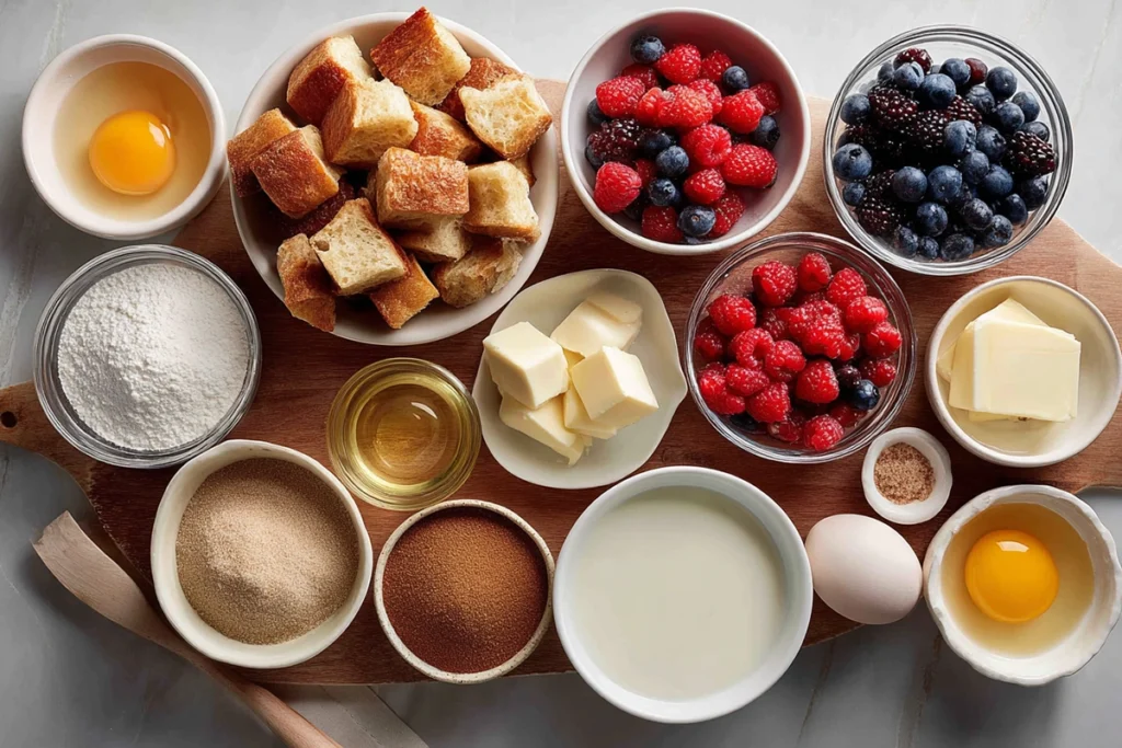Overhead shot of Berry French Toast Casserole ingredients including bread cubes, berries, eggs, milk, and brown sugar