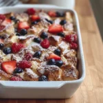 Berry French Toast Casserole served warm with maple syrup and berries on a modern kitchen counter