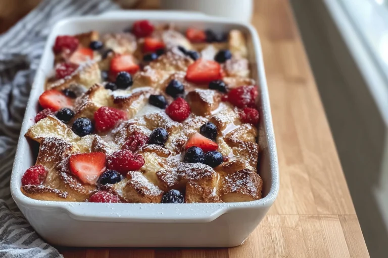 Berry French Toast Casserole served warm with maple syrup and berries on a modern kitchen counter