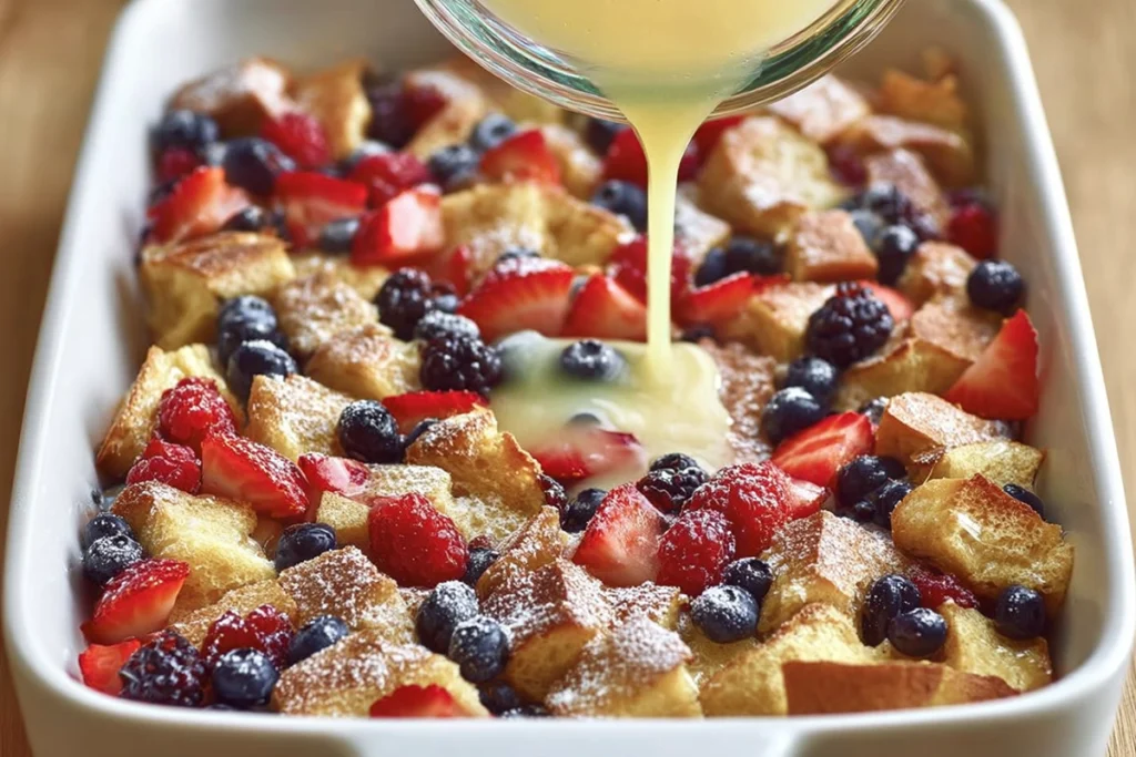 Layering bread cubes and berries while pouring custard for Berry French Toast Casserole