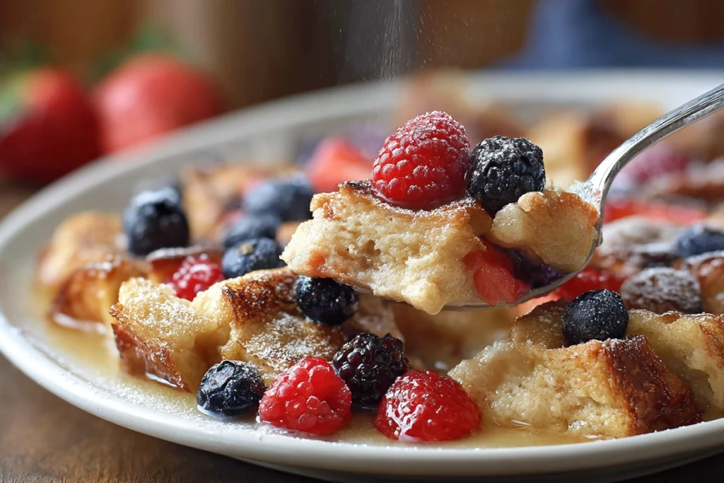 Close-up of Berry French Toast Casserole showing baked layers and juicy berries with steam