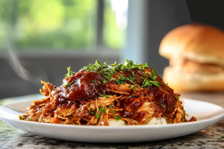 tender shredded Best Crockpot BBQ Chicken served on a white plate in modern kitchen