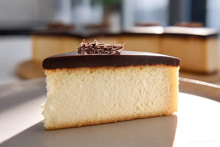 Birds Milk Cake hero shot on modern kitchen counter