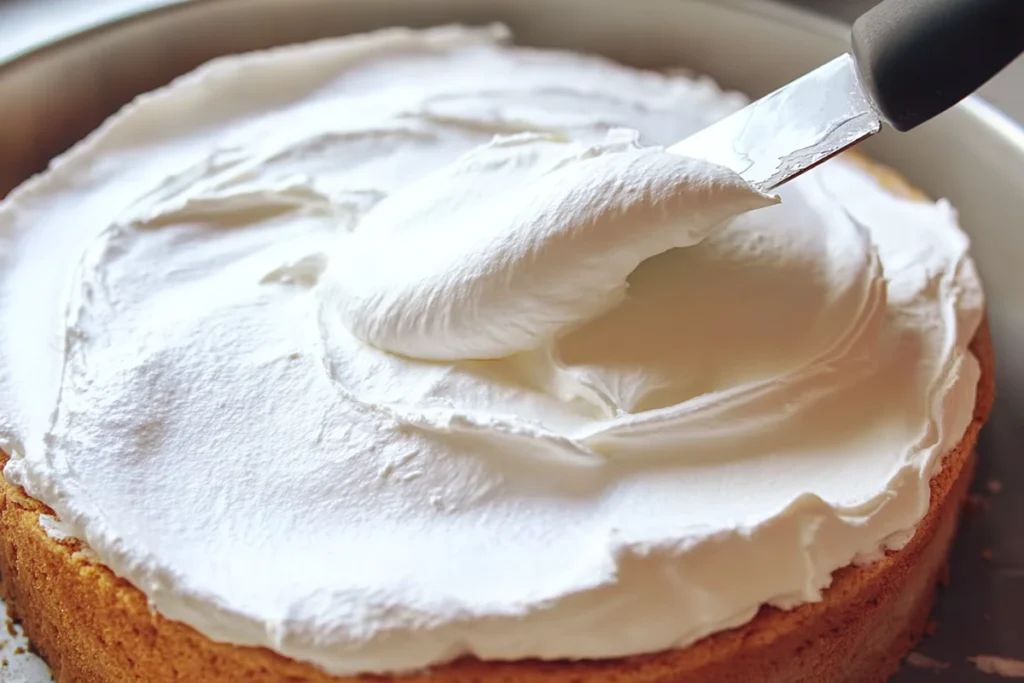 Soufflé filling layer for Birds Milk Cake being spread