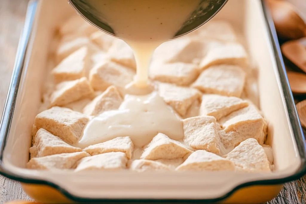 Casserole dish showing biscuit pieces layered with creamy sausage gravy
