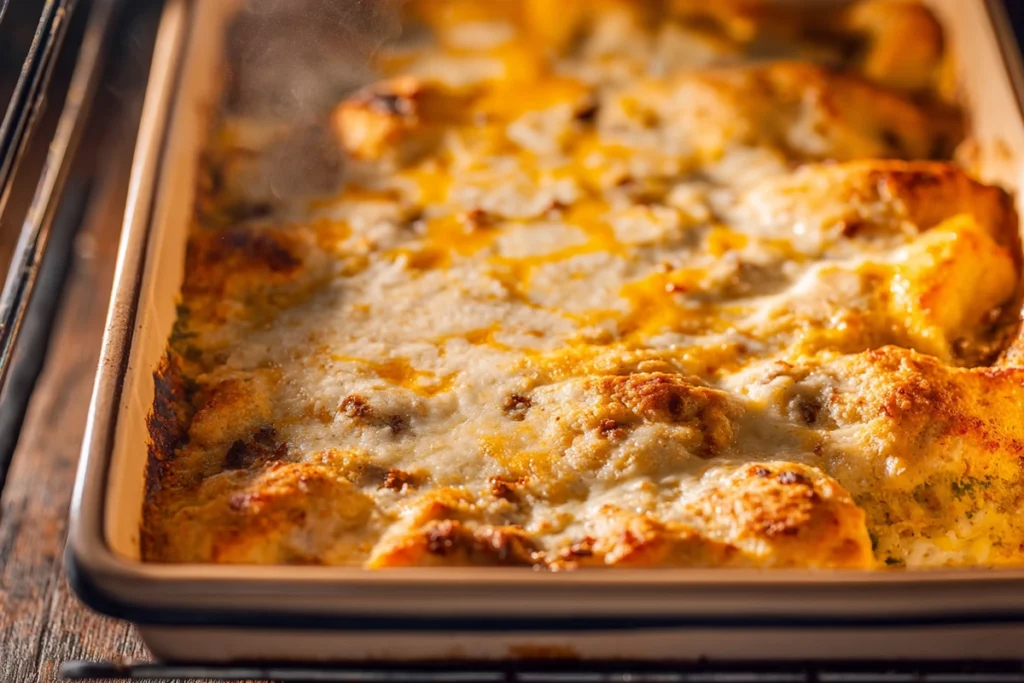 Biscuits and Gravy Breakfast Casserole baking in oven with golden biscuits and bubbling gravy