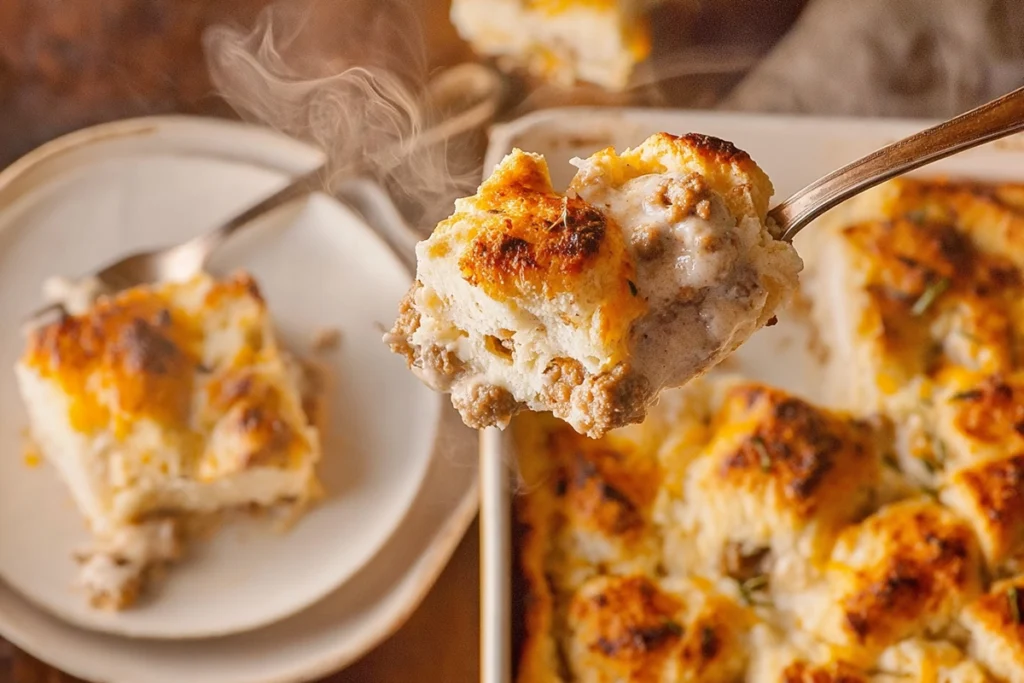 Close-up of Biscuits and Gravy Breakfast Casserole showing biscuit layers and creamy sausage gravy