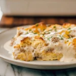 Biscuits and Gravy Breakfast Casserole served hot on a plate with parsley garnish