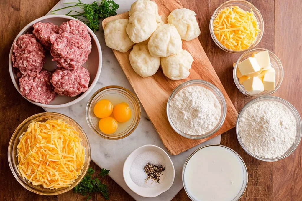 Overhead shot of Biscuits and Gravy Breakfast Casserole ingredients arranged in bowls