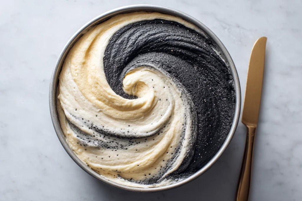 Vanilla and black sesame batter arranged for Black Sesame Vanilla Swirl Cake