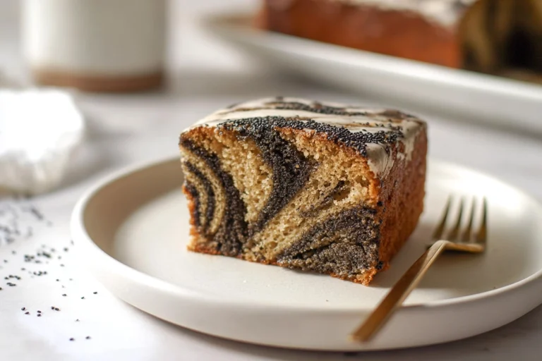Hero shot of Black Sesame Vanilla Swirl Cake slice on modern kitchen counter