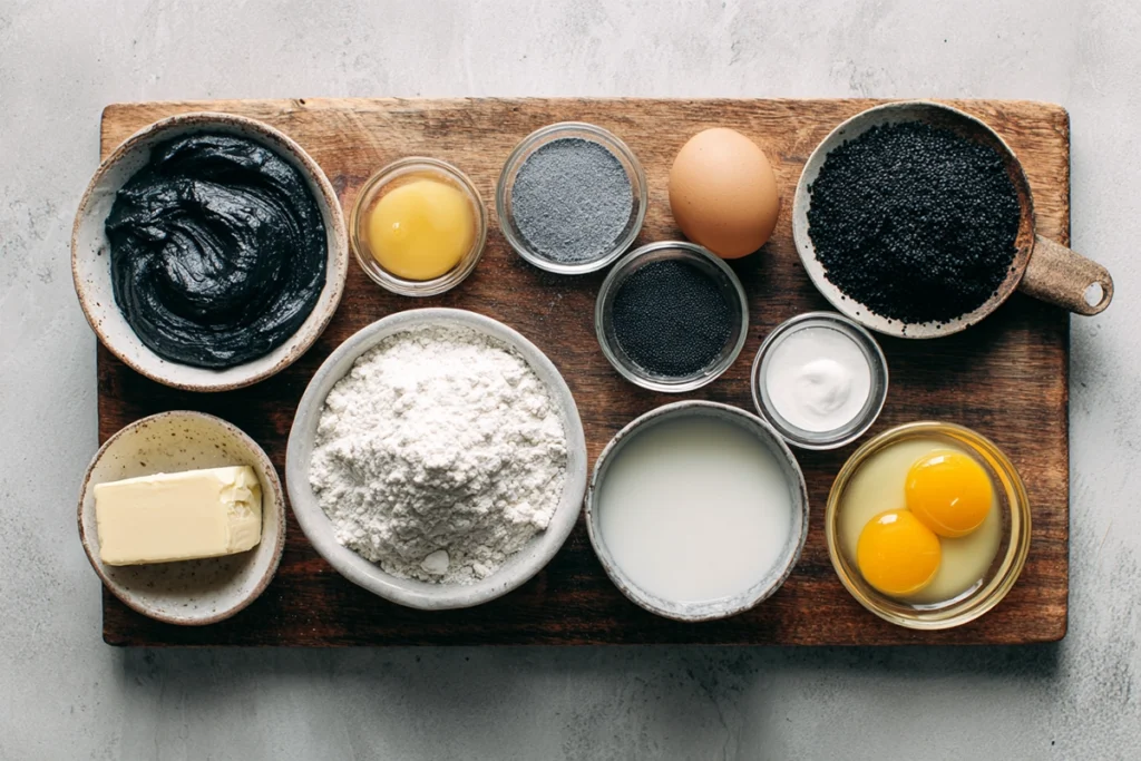 Overhead image of Black Sesame Vanilla Swirl Cake ingredients arranged in bowls