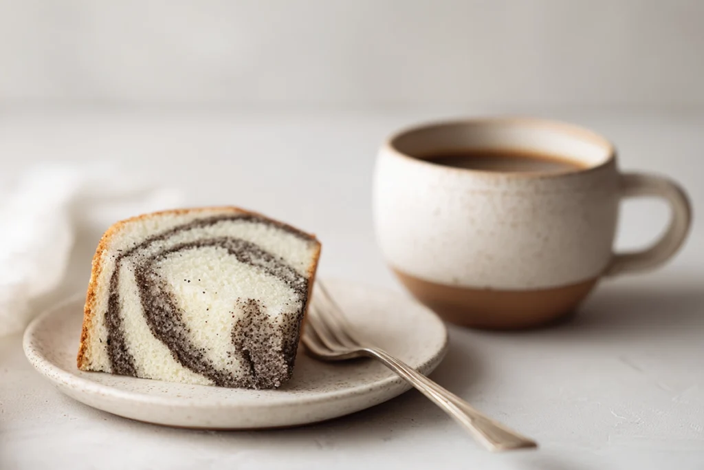 Serving slice of Black Sesame Vanilla Swirl Cake with a cup of coffee