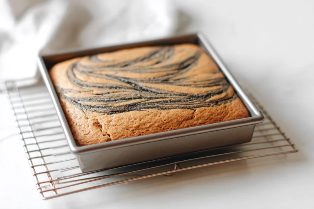 Freshly baked Black Sesame Vanilla Swirl Cake cooling on a rack