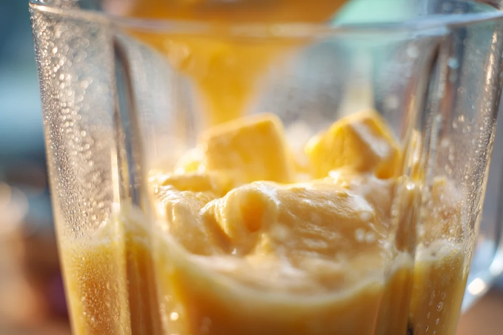 Blending the creamy mixture for Orange Whip (Disney Copycat) in a modern blender with condensation.