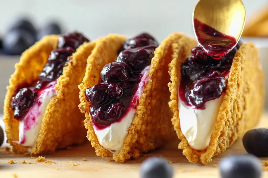 assembling blueberry cheesecake tacos with filling and blueberry topping