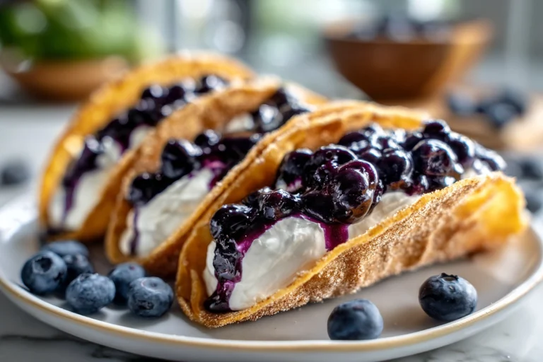 photorealistic blueberry cheesecake tacos on modern kitchen counter