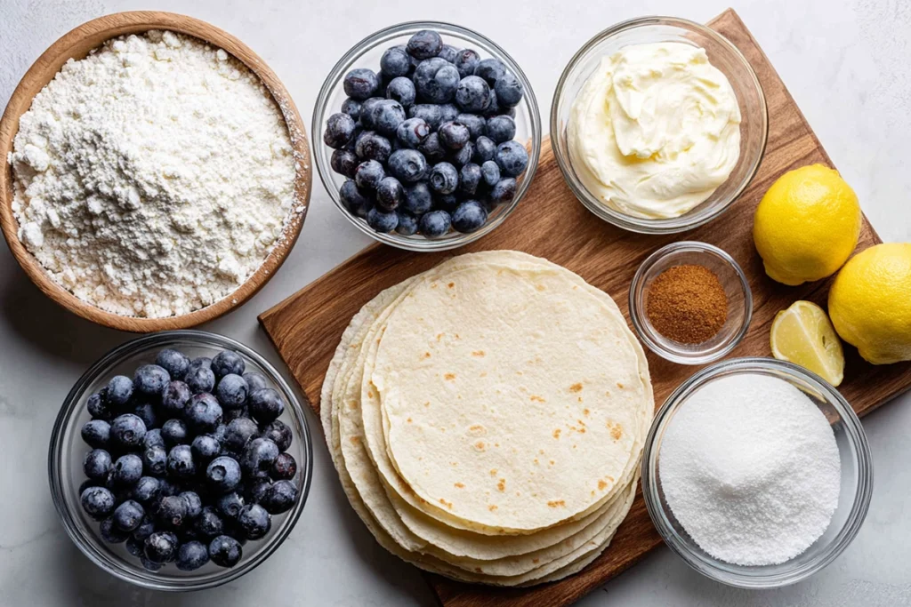 overhead ingredients for blueberry cheesecake tacos in glass bowls
