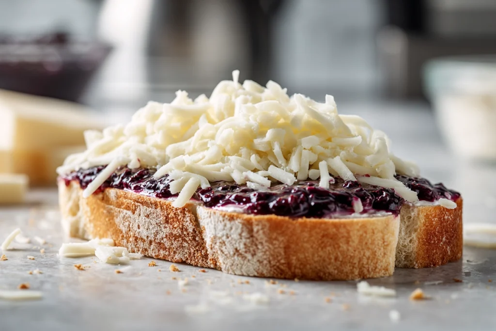 assembling blueberry grilled cheese with compote and cheddar on sourdough