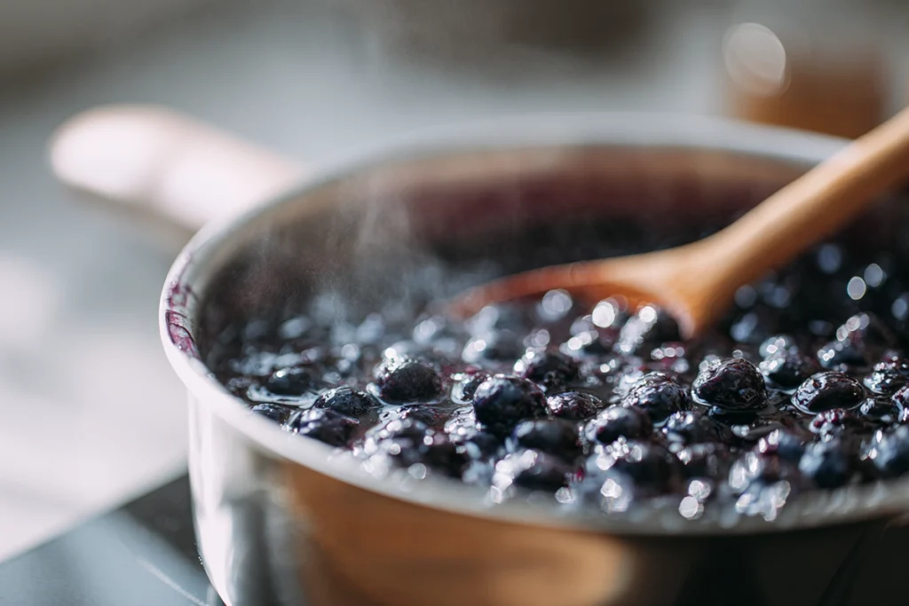 simmering blueberry compote for blueberry grilled cheese in a modern kitchen