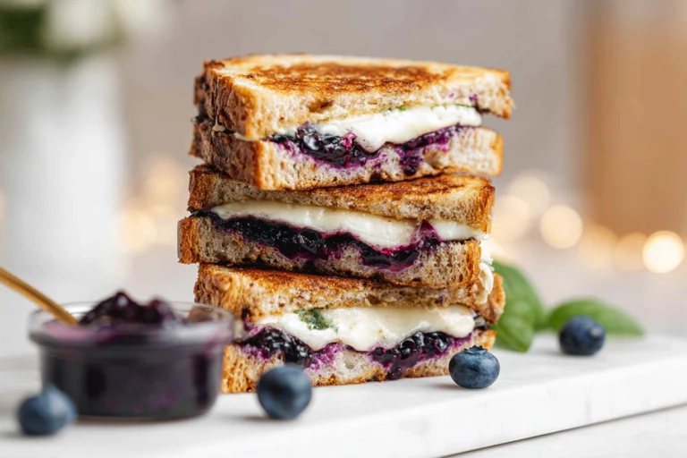 photorealistic blueberry grilled cheese hero image on modern kitchen counter