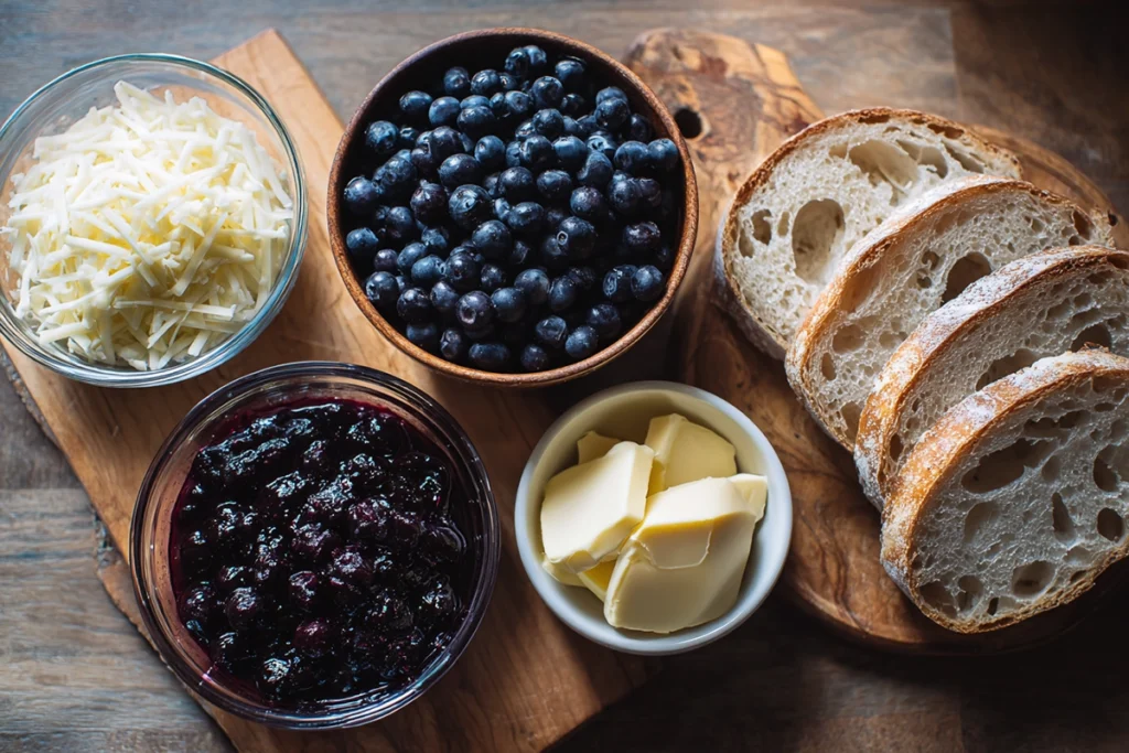 overhead shot of blueberry grilled cheese ingredients neatly arranged in a modern kitchen