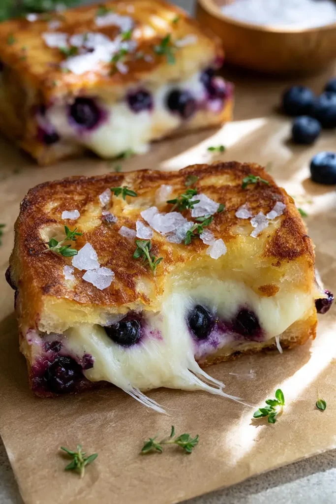 Blueberry Grilled Cheese with White Cheddar and Homemade Jam 5 Close-Up Blueberry Grilled Cheese with Melted Cheese and Homemade Jam