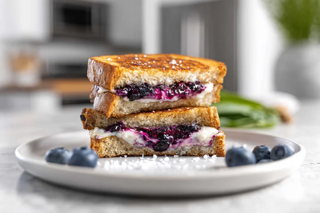 plated blueberry grilled cheese served with extra compote in modern kitchen