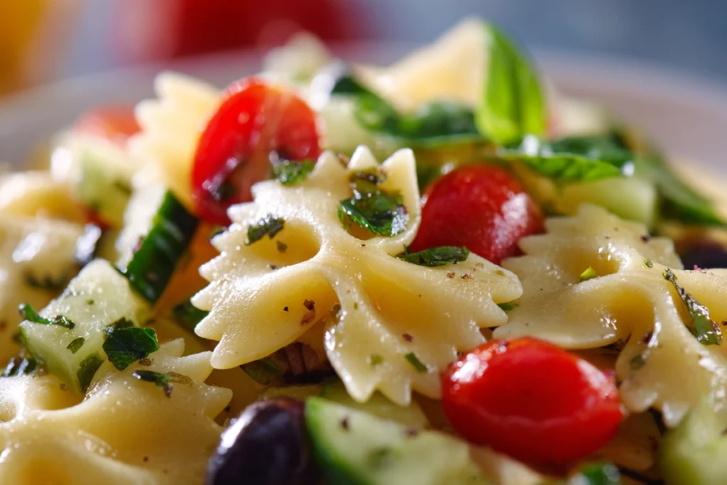 Close-up of bow tie pasta salad showing detailed textures