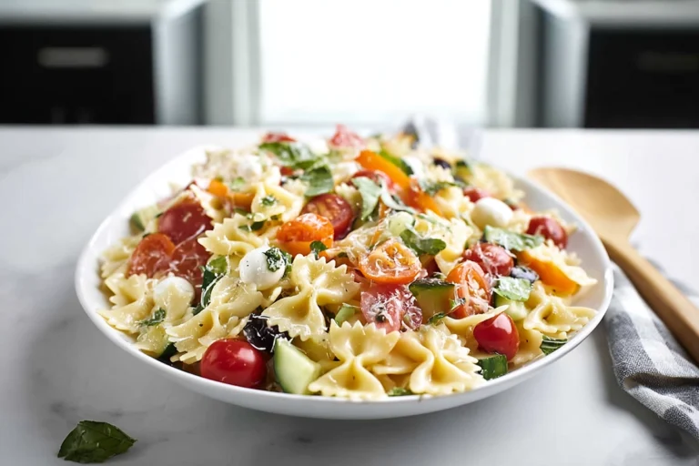 Bowl of bow tie pasta salad served on a modern kitchen counter