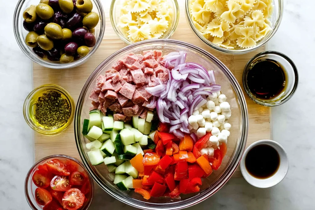 Overhead shot of bow tie pasta salad ingredients arranged neatly