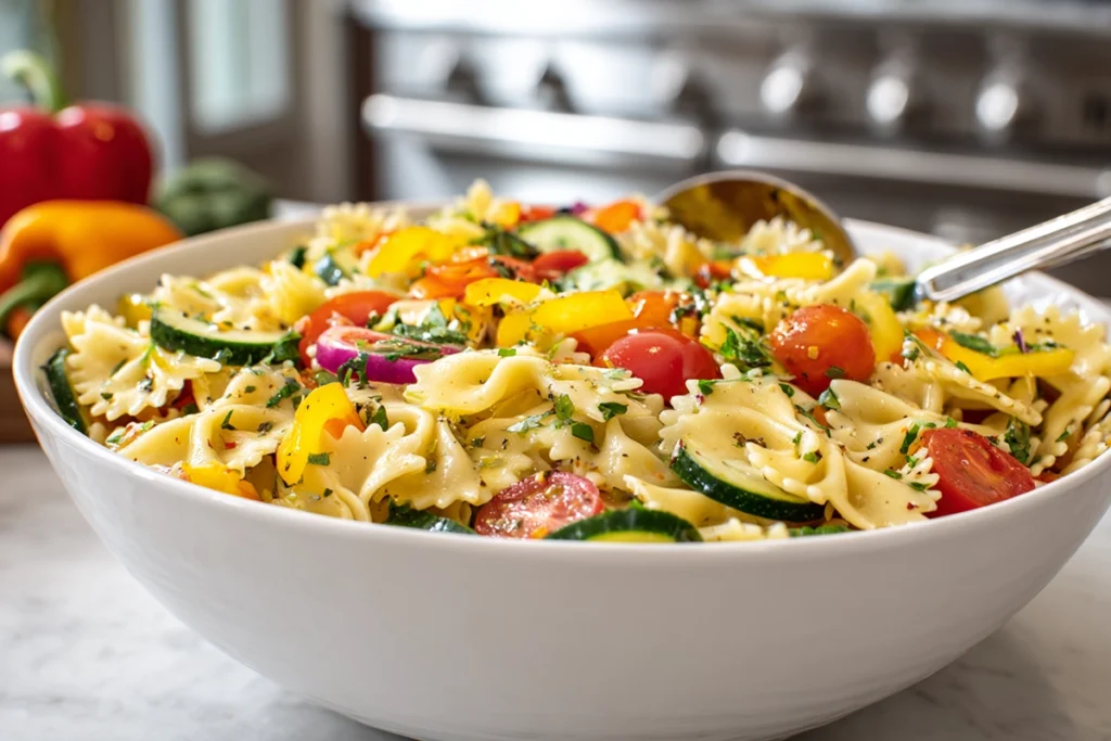 Mixing bowl filled with bow tie pasta salad being combined