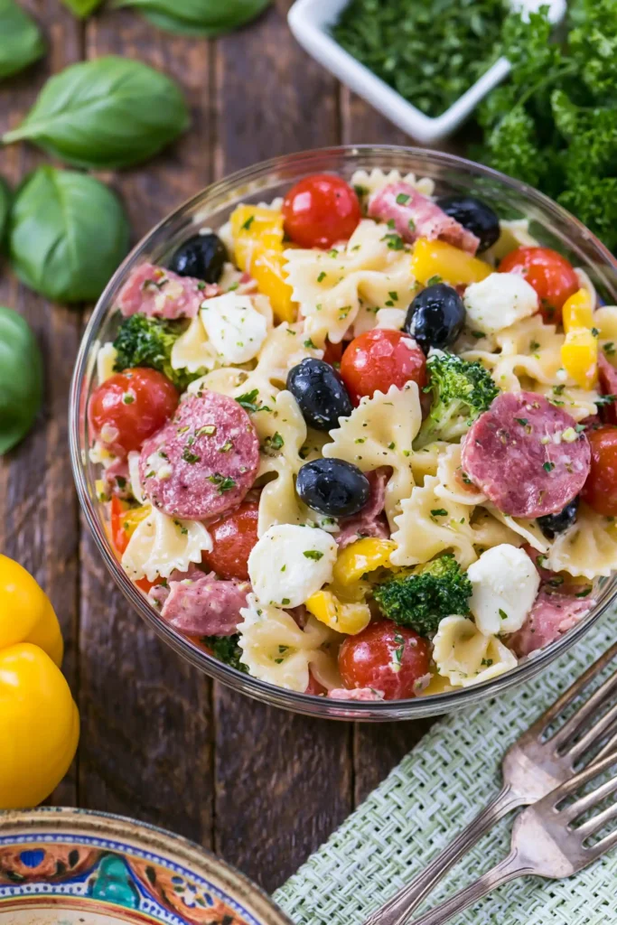 Bow Tie Pasta Salad with Salami, Mozzarella, and Italian Dressing 8 Bow Tie Pasta Salad serving with farfalle, tomato, salami, mozzarella, and broccoli