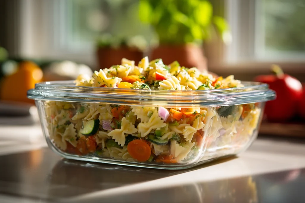 Bow tie pasta salad stored in a glass airtight container