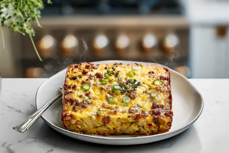 golden breakfast casserole slice on white plate in modern kitchen under natural daylight