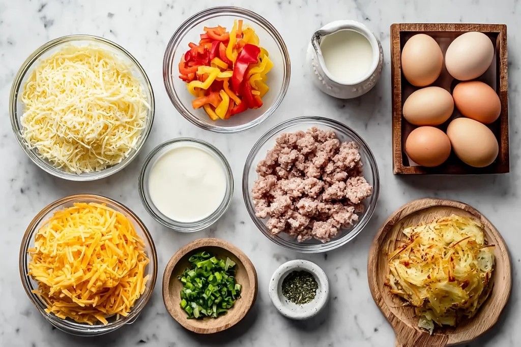 overhead view of breakfast casserole ingredients in glass bowls on marble countertop
