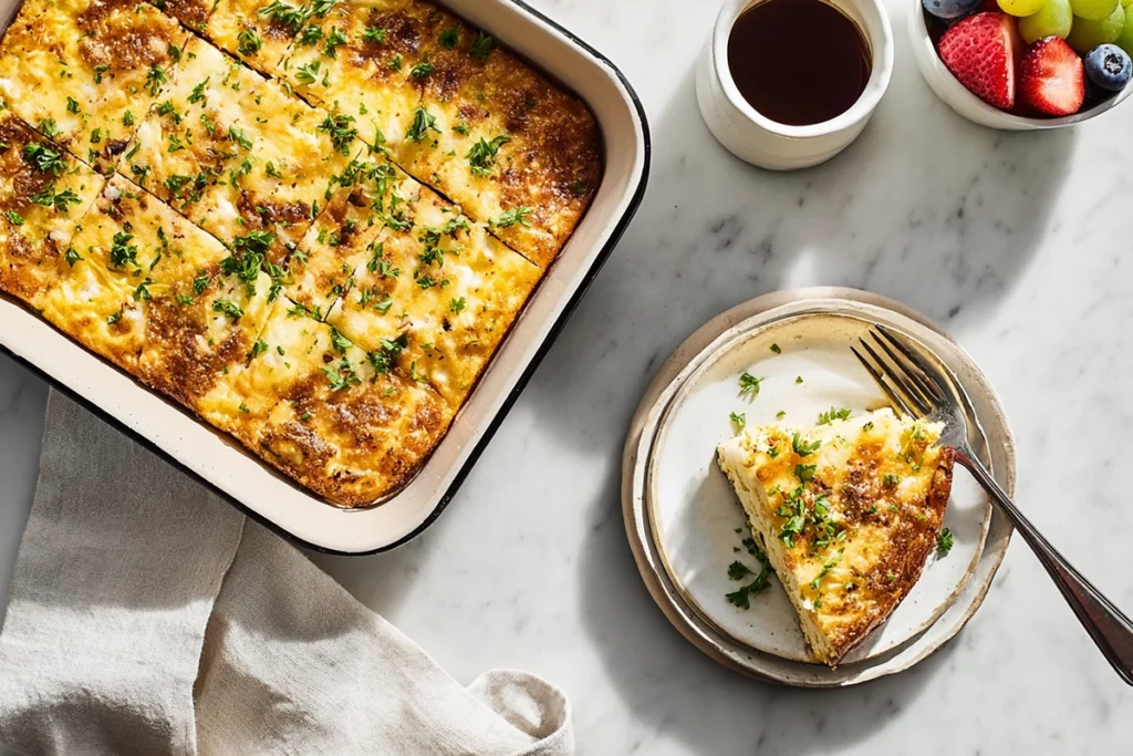 overhead view of plated breakfast casserole servings with fruit and coffee on marble table